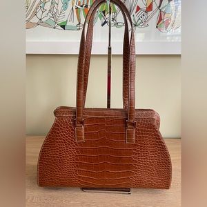 Brown Faux Croc Long Curved Handle Shoulder Bag Vegan Leather